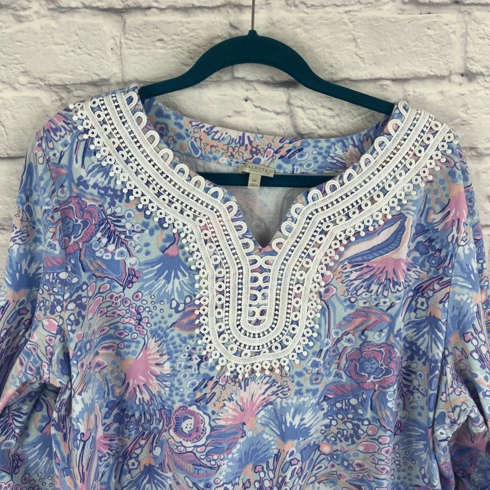 Talbots Resort Wear Boho  Embellished Crochet Neck Colorful Tunic Size 2X - Picture 2 of 9